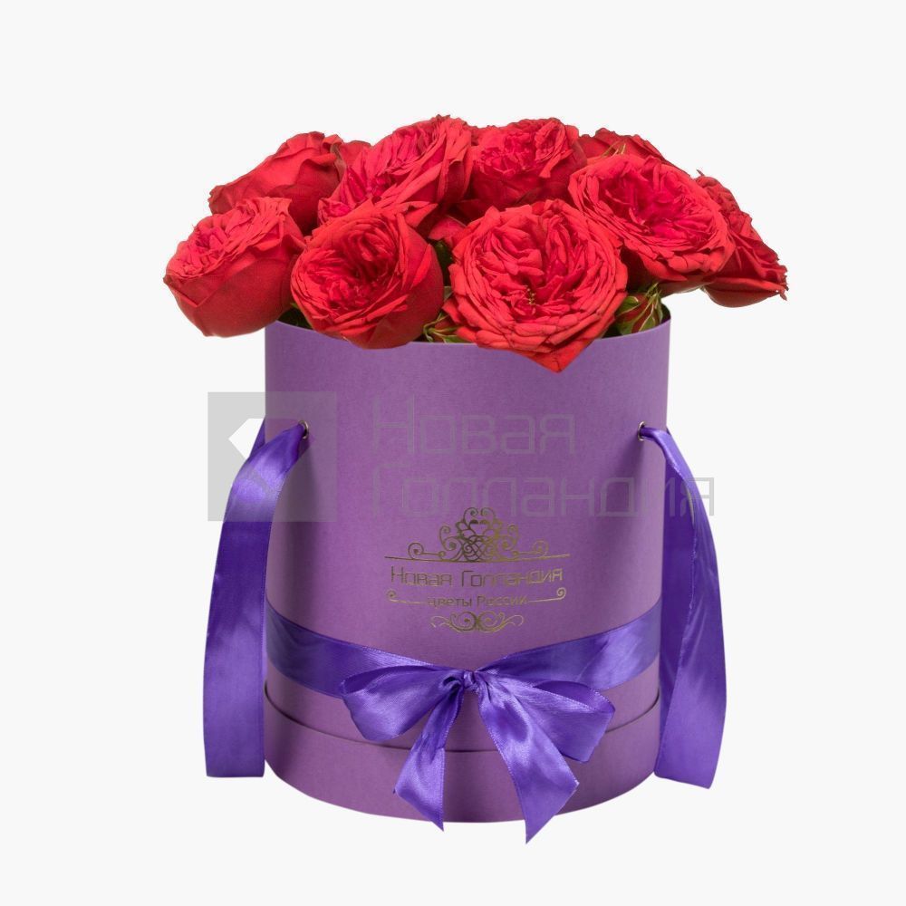 11 красных пионовидных роз Премиум в сиреневой шляпной коробке №358