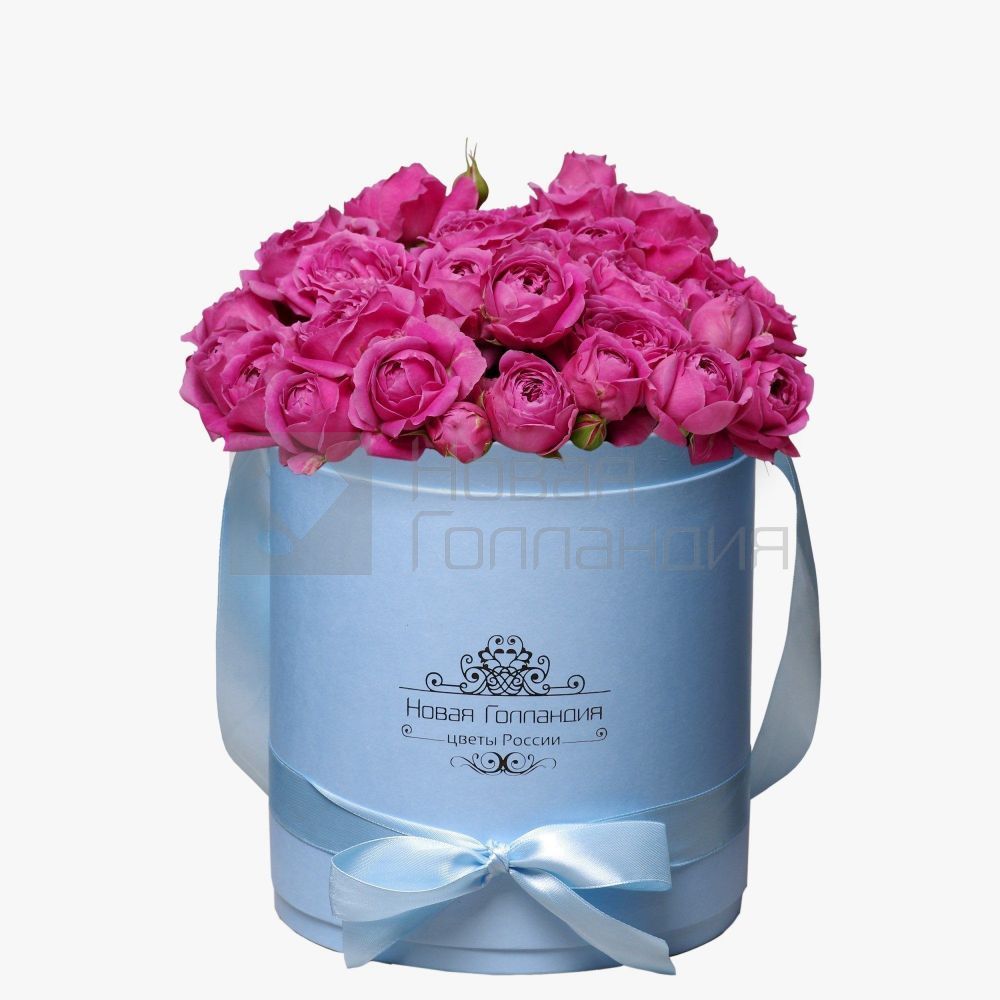 11 розовых кустовых пионовидных роз в голубой шляпной коробке №46