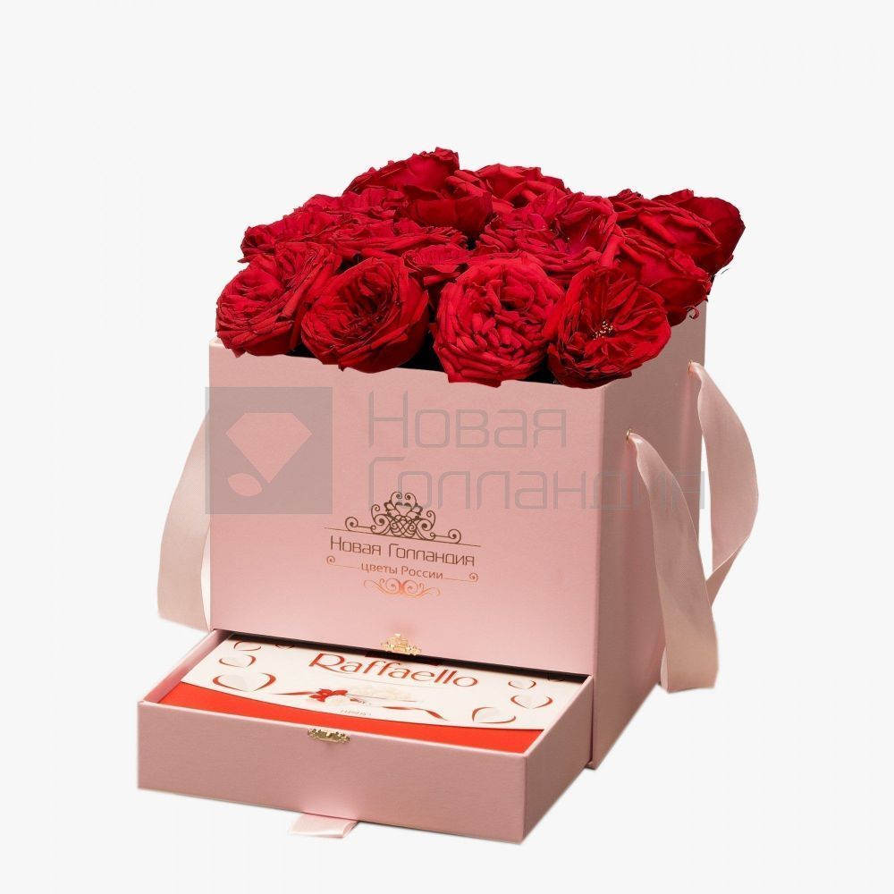 15 красных пионовидных роз Премиум в розовой коробке шкатулке рафаэлло в подарок №378